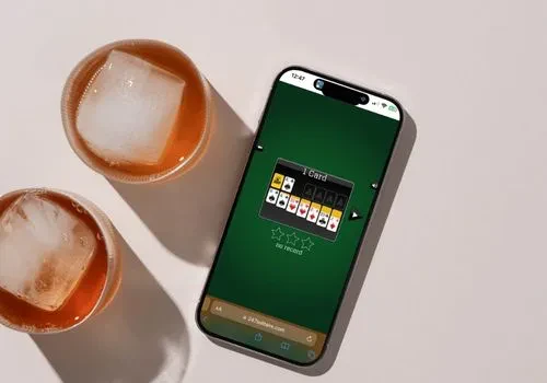 A mobile phone with an open game of solitaire from the 247 Soltaire website is on top of a table and placed beside two glasses of juice with ice